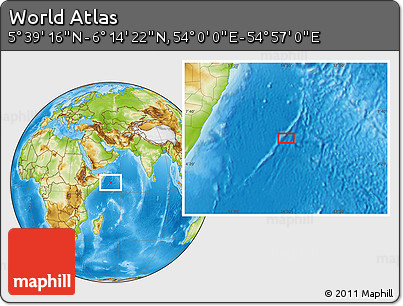 Physical Location Map of the Area around 5° 56' 49" N, 54° 28' 30" E
