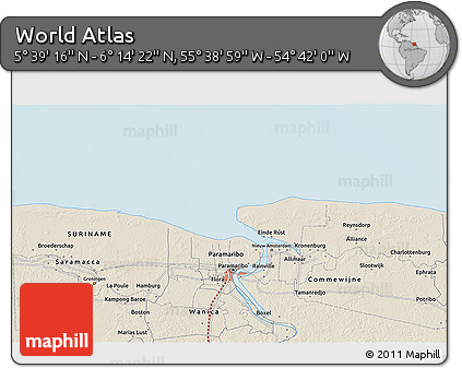 Shaded Relief 3D Map of the Area around 5° 56' 49" N, 55° 10' 29" W