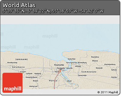 Shaded Relief 3D Map of the Area around 5° 56' 49" N, 55° 10' 29" W