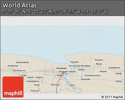 Shaded Relief 3D Map of the Area around 5° 56' 49" N, 55° 10' 29" W