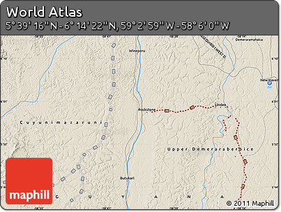 Shaded Relief Map of the Area around 5° 56' 49" N, 58° 34' 30" W