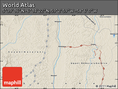 Shaded Relief Map of the Area around 5° 56' 49" N, 58° 34' 30" W