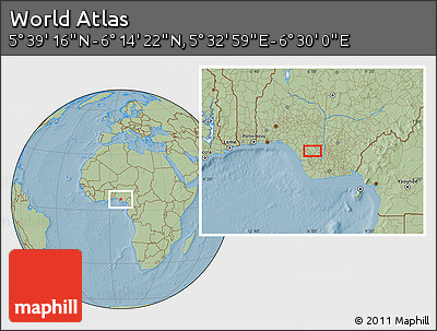 Savanna Style Location Map of the Area around 5° 56' 49" N, 6° 1' 30" E, hill shading