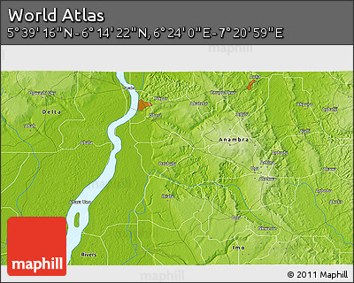 Physical 3D Map of the Area around 5° 56' 49" N, 6° 52' 30" E
