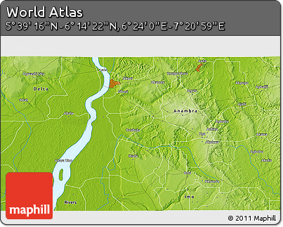 Physical 3D Map of the Area around 5° 56' 49" N, 6° 52' 30" E