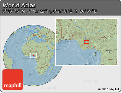 Savanna Style Location Map of the Area around 5° 56' 49" N, 6° 52' 30" E, hill shading
