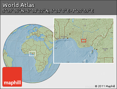 Savanna Style Location Map of the Area around 5° 56' 49" N, 6° 52' 30" E, hill shading