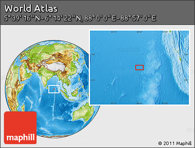 Physical Location Map of the Area around 5° 56' 49" N, 88° 28' 29" E