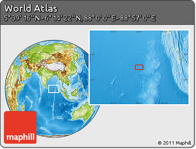 Physical Location Map of the Area around 5° 56' 49" N, 88° 28' 29" E