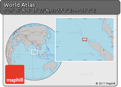 Gray Location Map of the Area around 5° 56' 49" N, 94° 25' 30" E