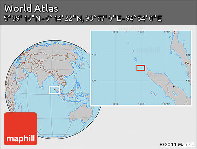 Gray Location Map of the Area around 5° 56' 49" N, 94° 25' 30" E