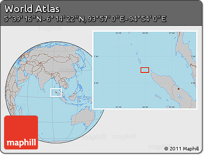 Gray Location Map of the Area around 5° 56' 49" N, 94° 25' 30" E