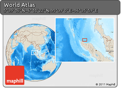 Shaded Relief Location Map of the Area around 5° 56' 49" N, 96° 7' 30" E