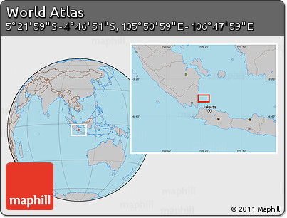 Gray Location Map of the Area around 5° 4' 25" S, 106° 19' 29" E