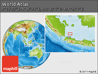 Physical Location Map of the Area around 5° 4' 25" S, 107° 10' 30" E