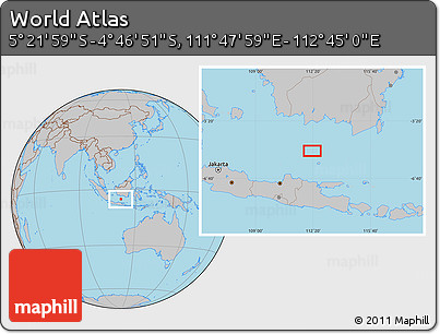 Gray Location Map of the Area around 5° 4' 25" S, 112° 16' 30" E
