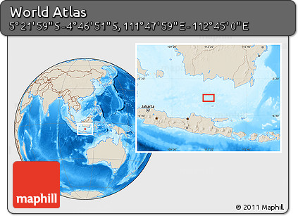 Shaded Relief Location Map of the Area around 5° 4' 25" S, 112° 16' 30" E
