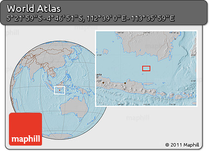 Gray Location Map of the Area around 5° 4' 25" S, 113° 7' 30" E, hill shading