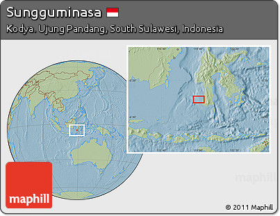 Savanna Style Location Map of Sungguminasa, hill shading