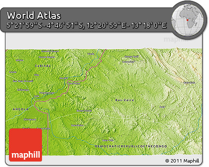 Physical 3D Map of the Area around 5° 4' 25" S, 12° 49' 29" E