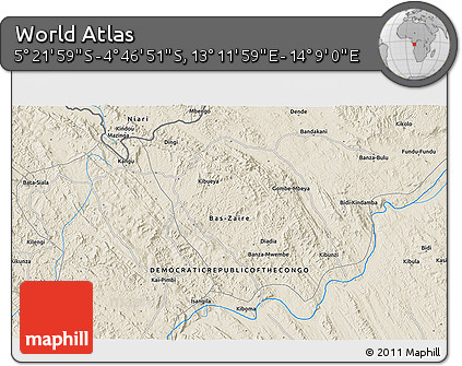 Shaded Relief 3D Map of the Area around 5° 4' 25" S, 13° 40' 30" E