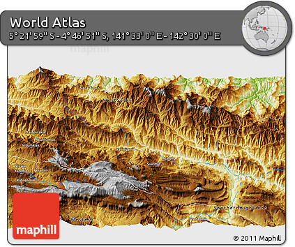 Physical 3D Map of the Area around 5° 4' 25" S, 142° 1' 30" E