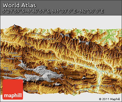 Physical 3D Map of the Area around 5° 4' 25" S, 142° 1' 30" E