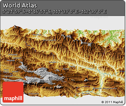Physical 3D Map of the Area around 5° 4' 25" S, 142° 1' 30" E