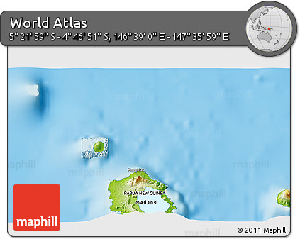 Physical 3D Map of the Area around 5° 4' 25" S, 147° 7' 30" E