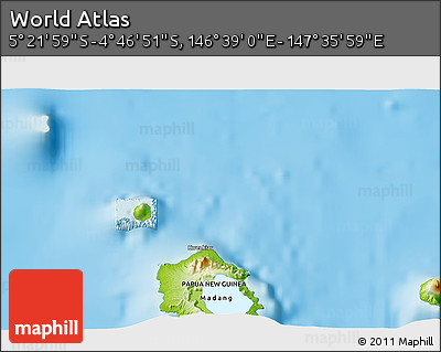 Physical 3D Map of the Area around 5° 4' 25" S, 147° 7' 30" E