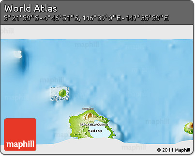 Physical 3D Map of the Area around 5° 4' 25" S, 147° 7' 30" E