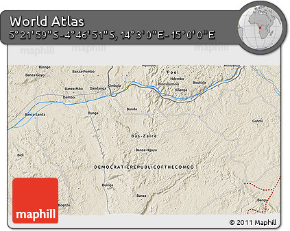 Shaded Relief 3D Map of the Area around 5° 4' 25" S, 14° 31' 30" E
