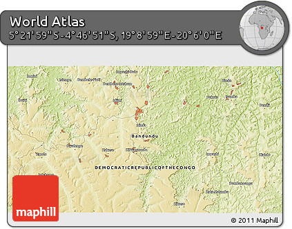 Physical 3D Map of the Area around 5° 4' 25" S, 19° 37' 30" E