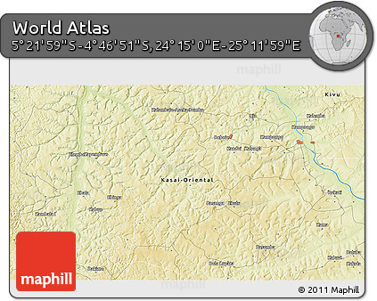 Physical 3D Map of the Area around 5° 4' 25" S, 24° 43' 30" E