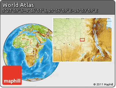 Physical Location Map of the Area around 5° 4' 25" S, 26° 25' 29" E