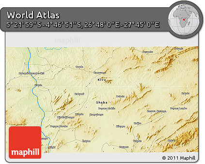 Physical 3D Map of the Area around 5° 4' 25" S, 27° 16' 29" E