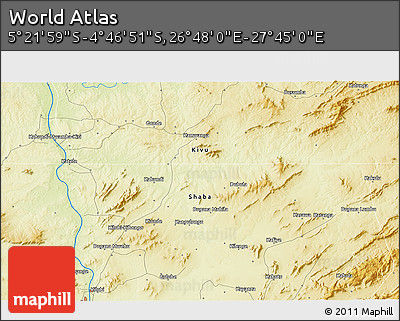 Physical 3D Map of the Area around 5° 4' 25" S, 27° 16' 29" E