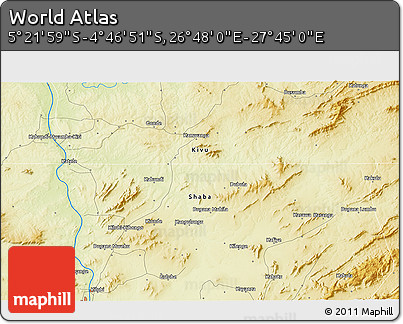 Physical 3D Map of the Area around 5° 4' 25" S, 27° 16' 29" E
