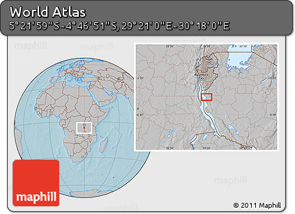 Gray Location Map of the Area around 5° 4' 25" S, 29° 49' 30" E, hill shading