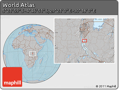 Gray Location Map of the Area around 5° 4' 25" S, 29° 49' 30" E, hill shading