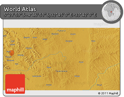 Physical 3D Map of the Area around 5° 4' 25" S, 33° 13' 30" E