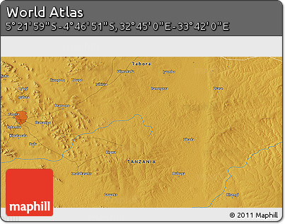 Physical 3D Map of the Area around 5° 4' 25" S, 33° 13' 30" E