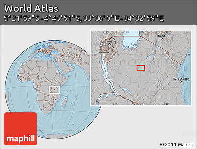 Gray Location Map of the Area around 5° 4' 25" S, 34° 4' 30" E, hill shading