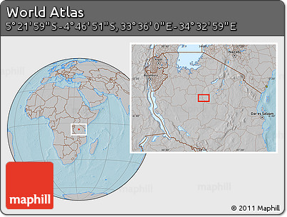 Gray Location Map of the Area around 5° 4' 25" S, 34° 4' 30" E, hill shading