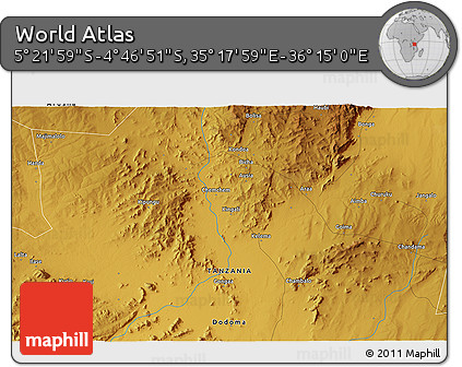 Physical 3D Map of the Area around 5° 4' 25" S, 35° 46' 29" E