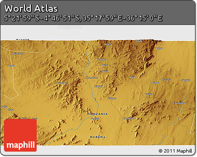 Physical 3D Map of the Area around 5° 4' 25" S, 35° 46' 29" E