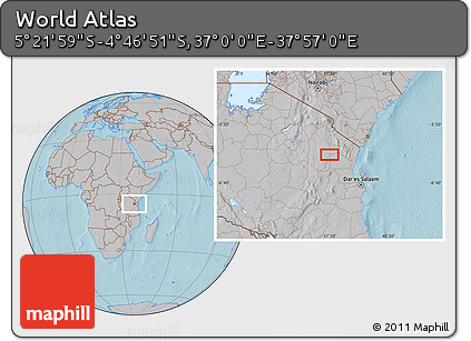 Gray Location Map of the Area around 5° 4' 25" S, 37° 28' 30" E, hill shading
