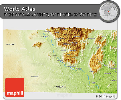 Physical 3D Map of the Area around 5° 4' 25" S, 38° 19' 30" E