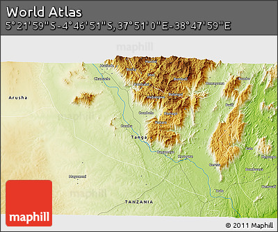 Physical 3D Map of the Area around 5° 4' 25" S, 38° 19' 30" E