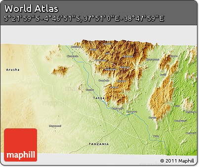 Physical 3D Map of the Area around 5° 4' 25" S, 38° 19' 30" E